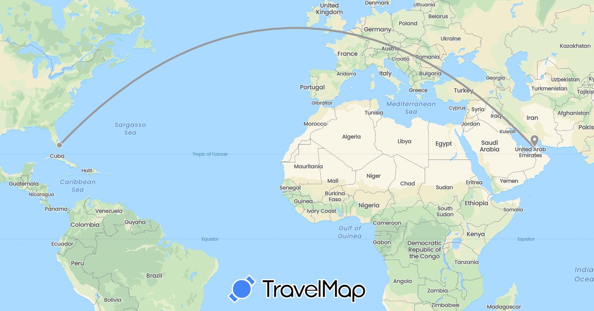 TravelMap itinerary: driving, plane in United Arab Emirates, United States (Asia, North America)